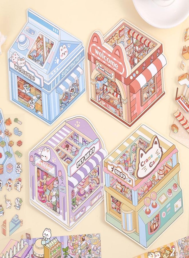 ICCEEMEE 4 Sets 3D Miniature Scene Stickers, DIY Diorama Stickers Bunny Pet Shop Midnight Food Street Kitty Market Furry Paw House for Adults & Kids Stress Relief Fun Pastime - Image 2